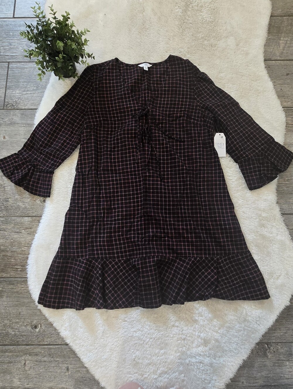 Time and Tru Black Plaid Tie-Front Ruffle Flounce Dress, Size XL 16-18 NWT